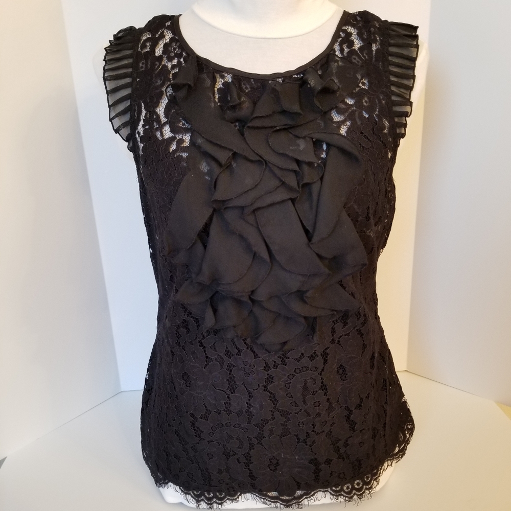 #402BLK NWOT ECI New York Black Lace and Ruffles 2-in-1 Top.